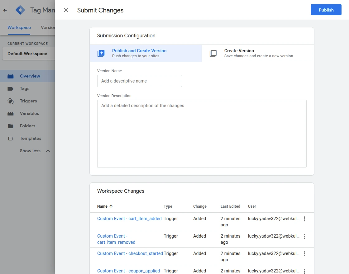 submit changes submit change on GTM