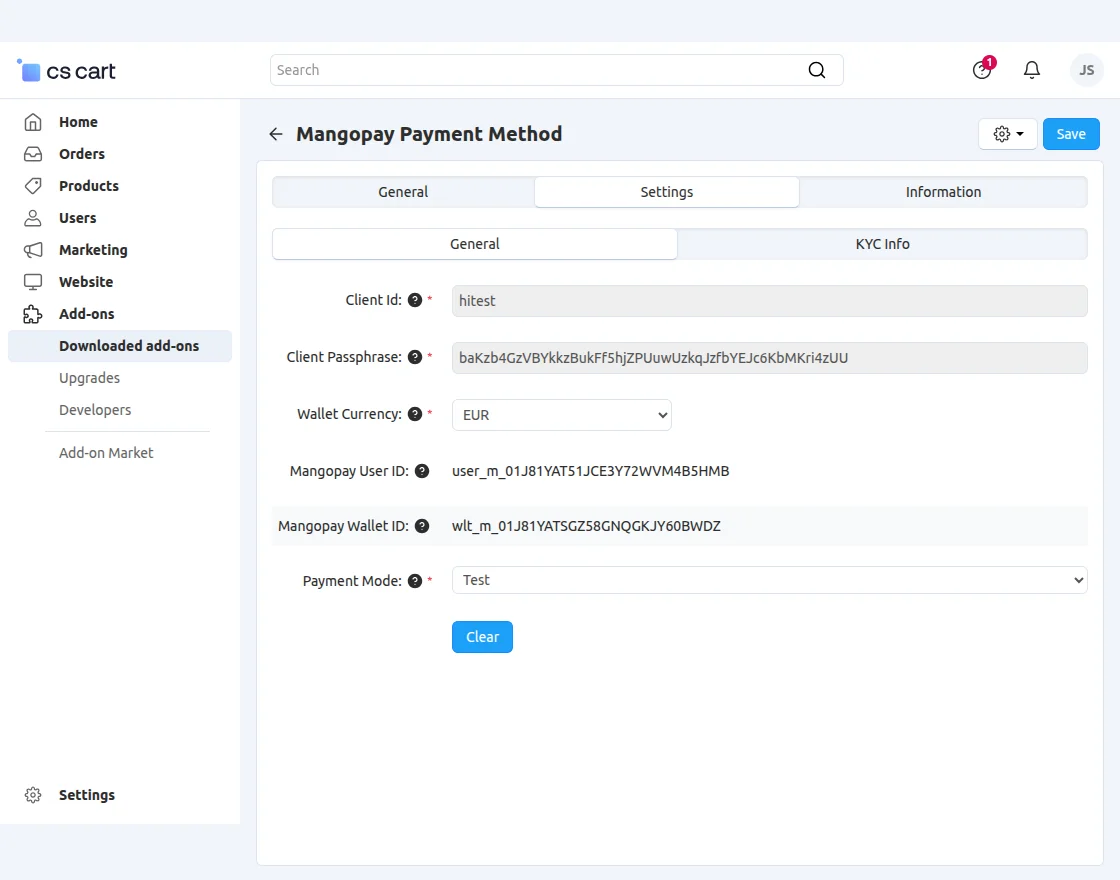 mangopay add on configuration