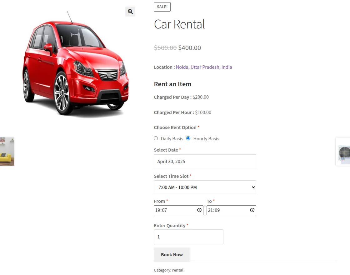 hourly rental booking