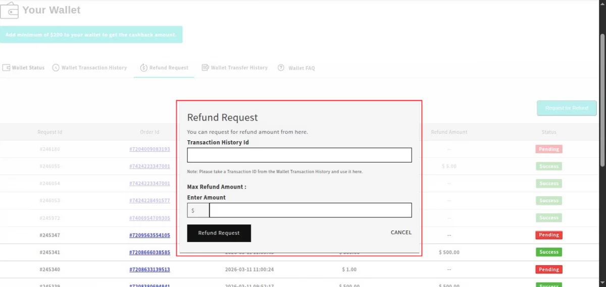 popup of refund request