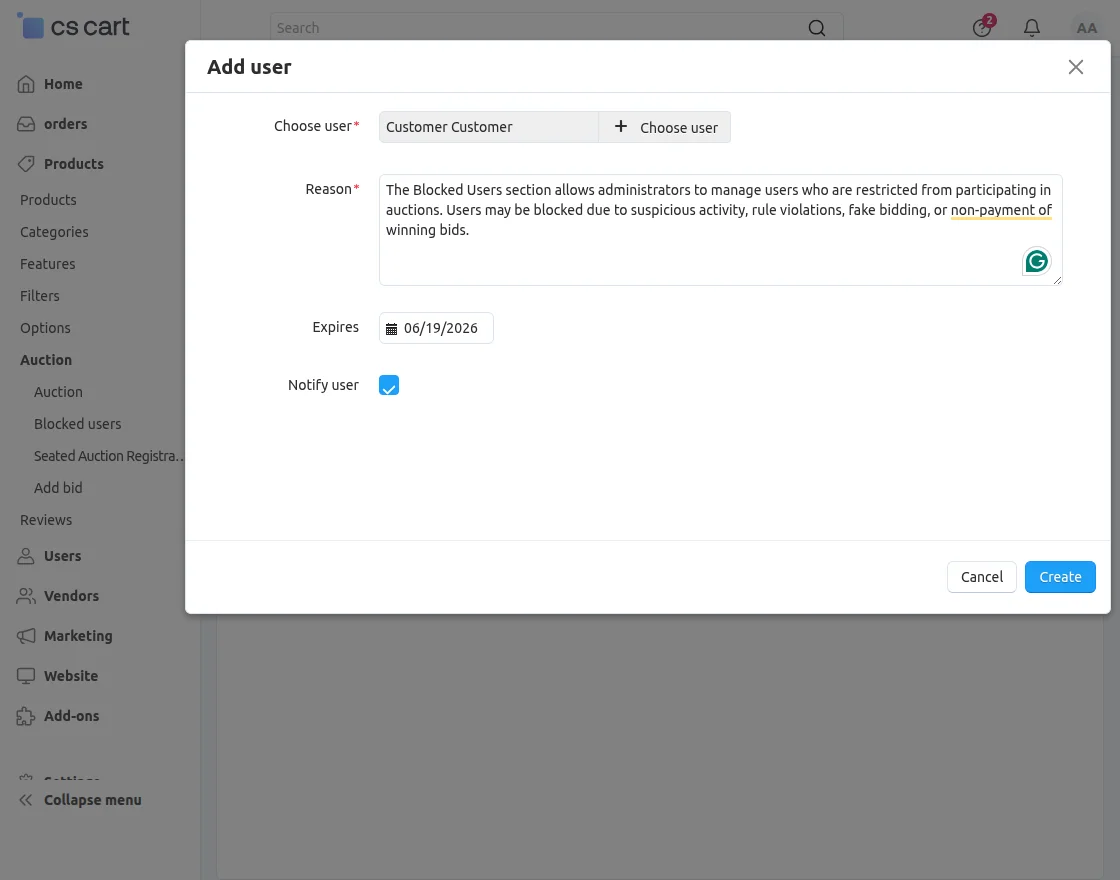 create user block