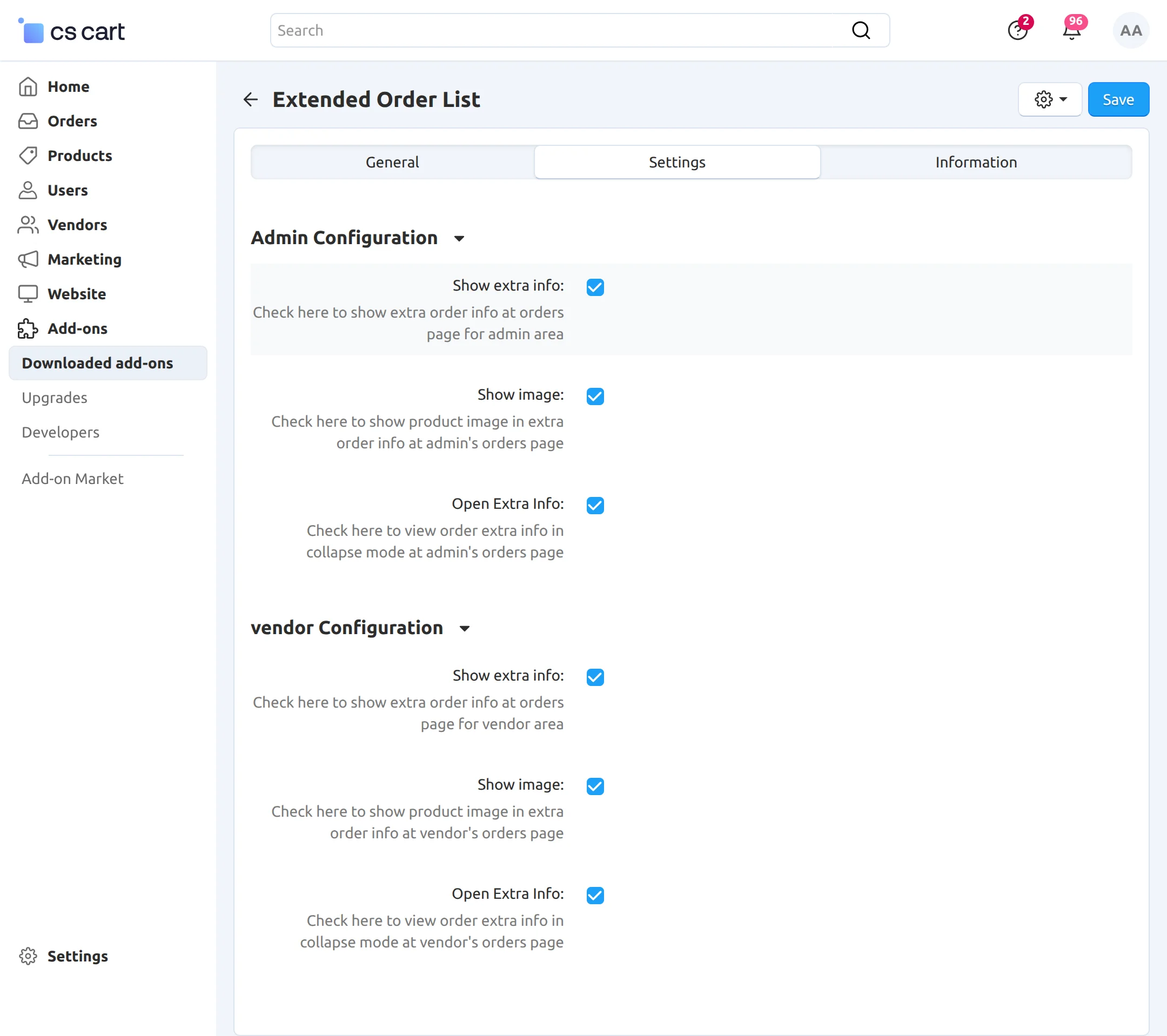 CS-Cart vendor configuration