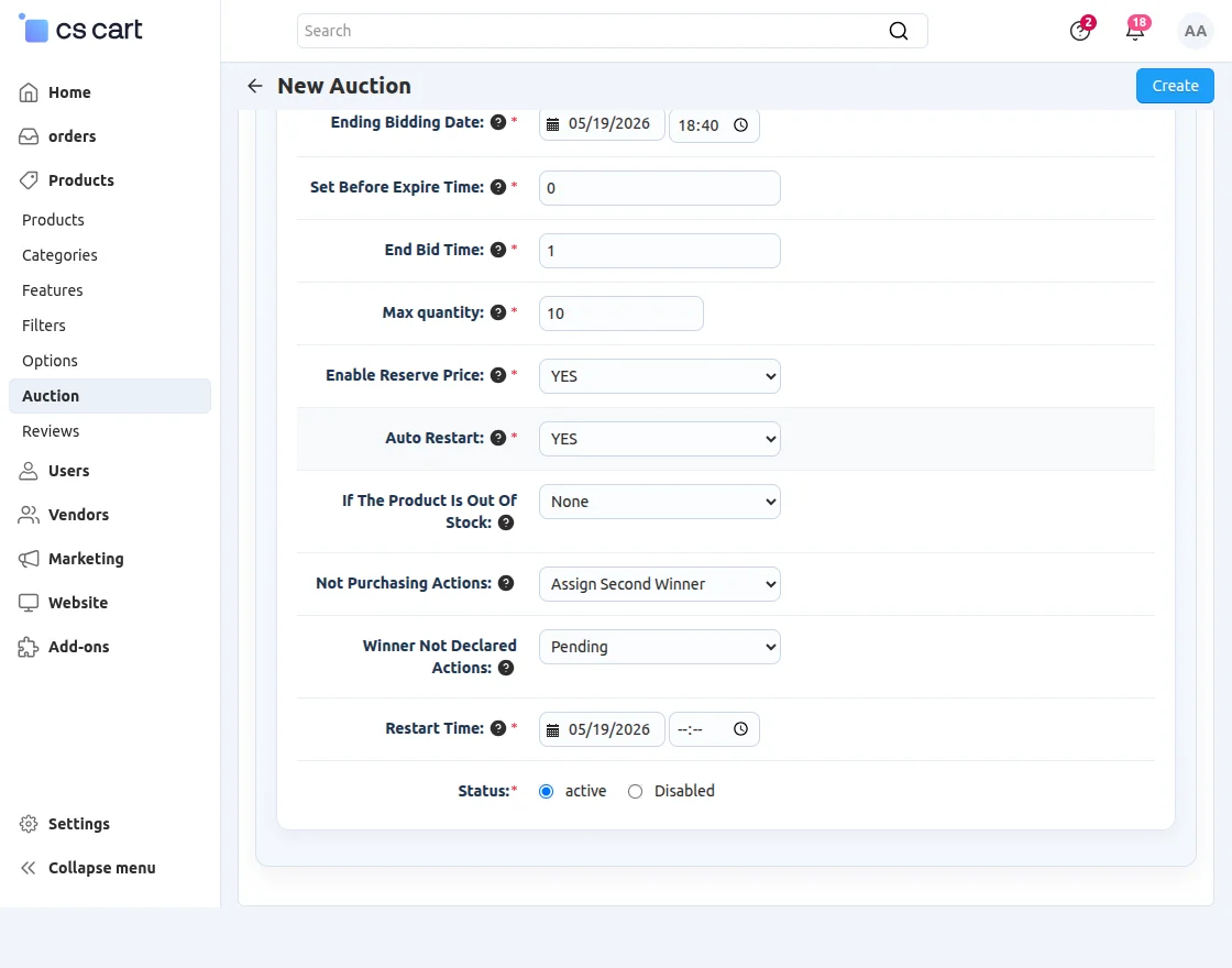 product auction setting