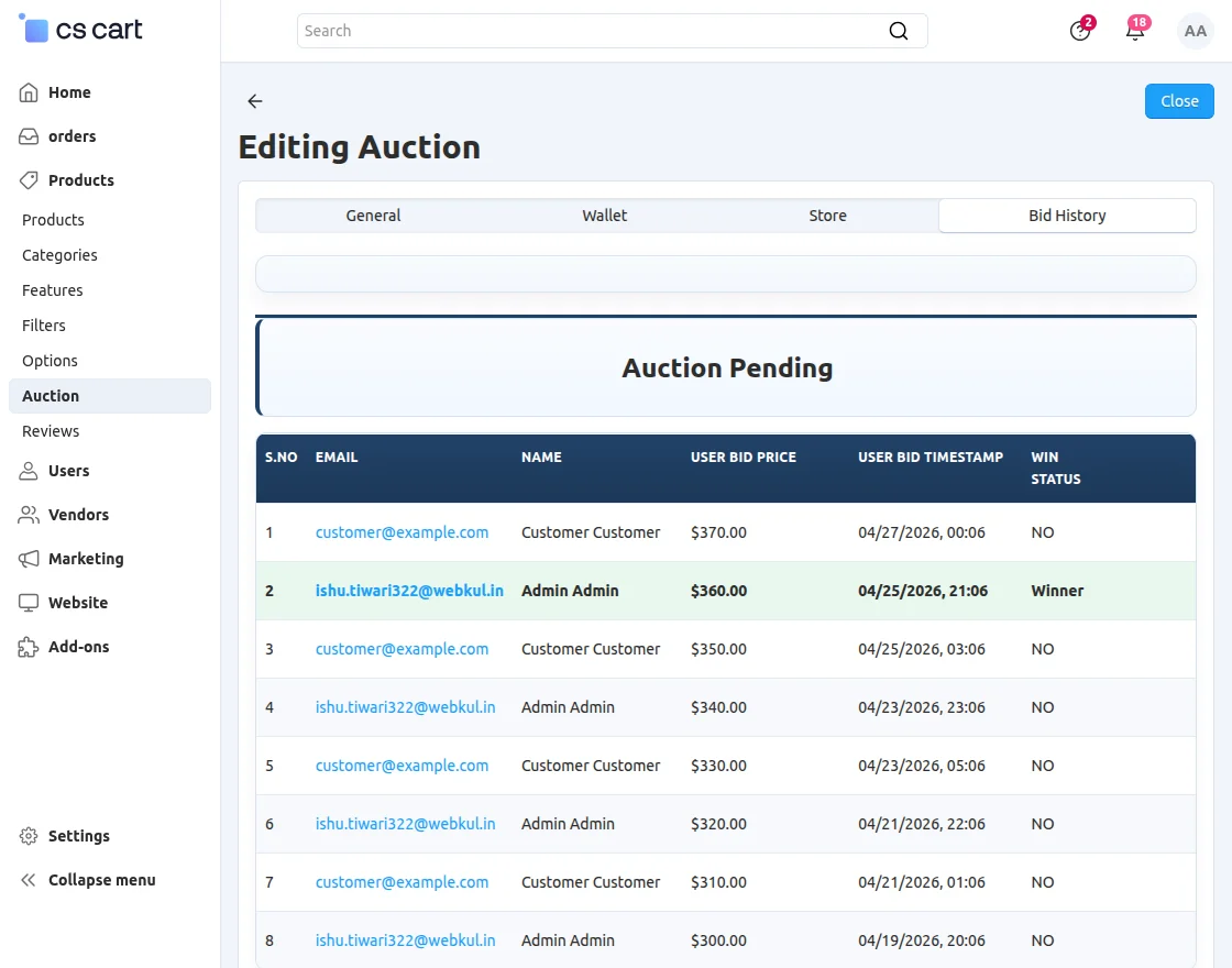 Bid history