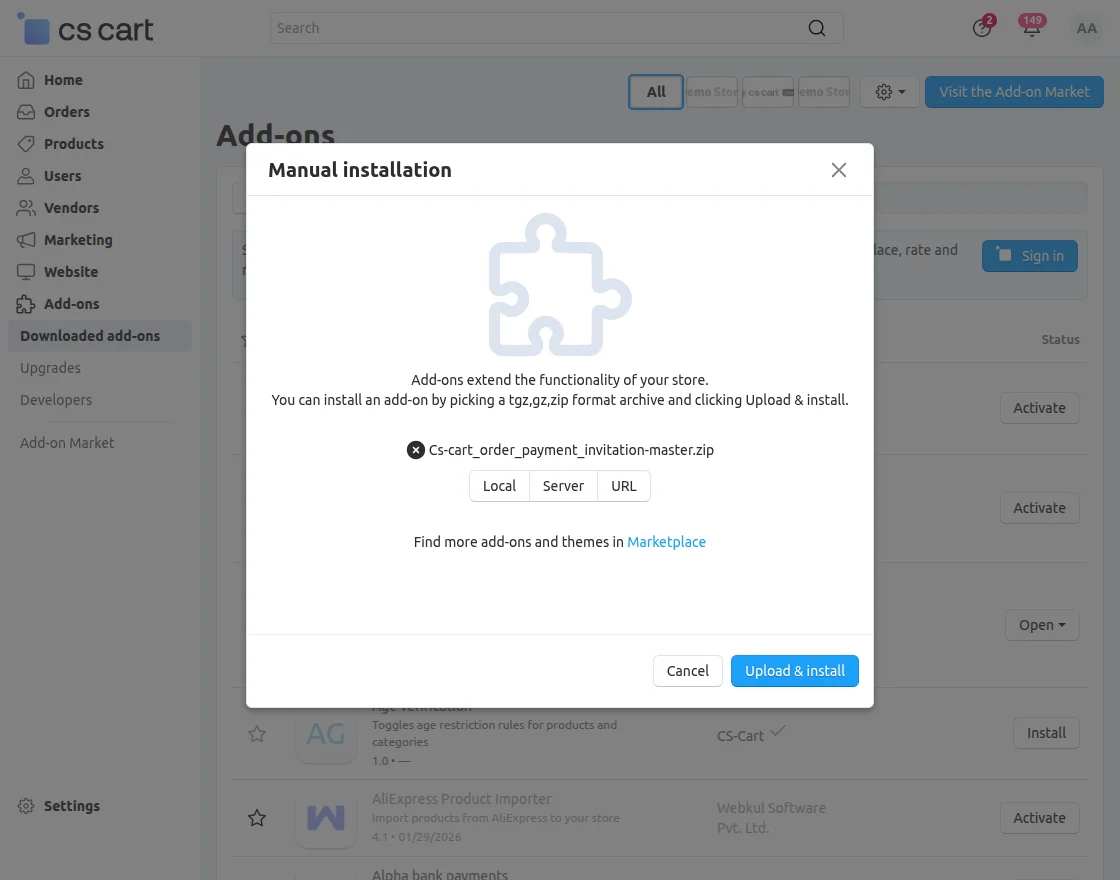 CS-Cart payment link for customers addon installation