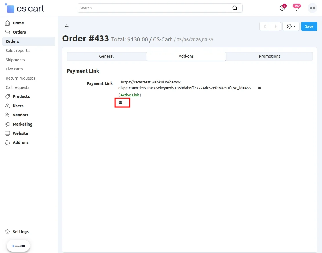 CS-Cart payment link for customer generated