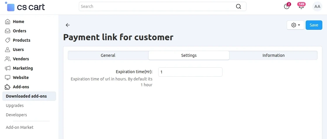 CS-Cart payment link for customer addon configuration