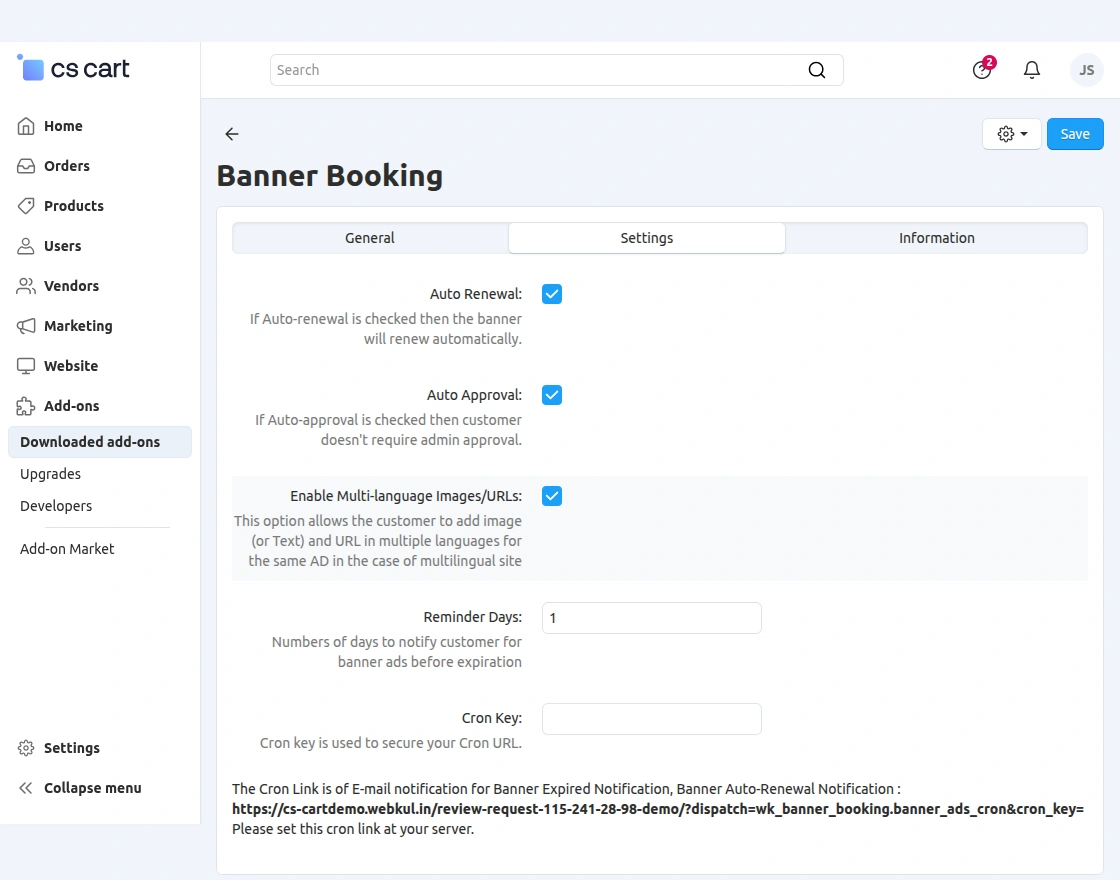 banner ad booking settings