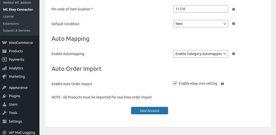 ebay connector settings