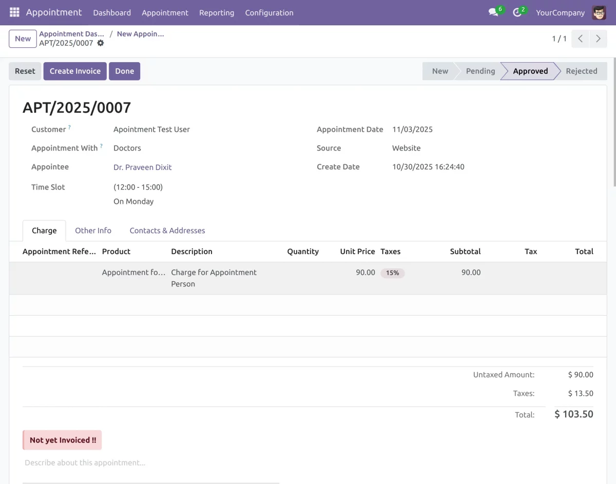 create invoice for the appointment
