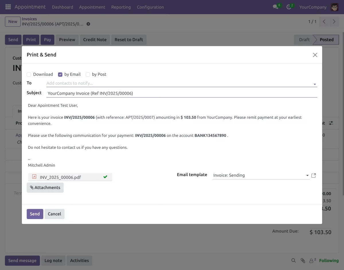 send the invoice via email