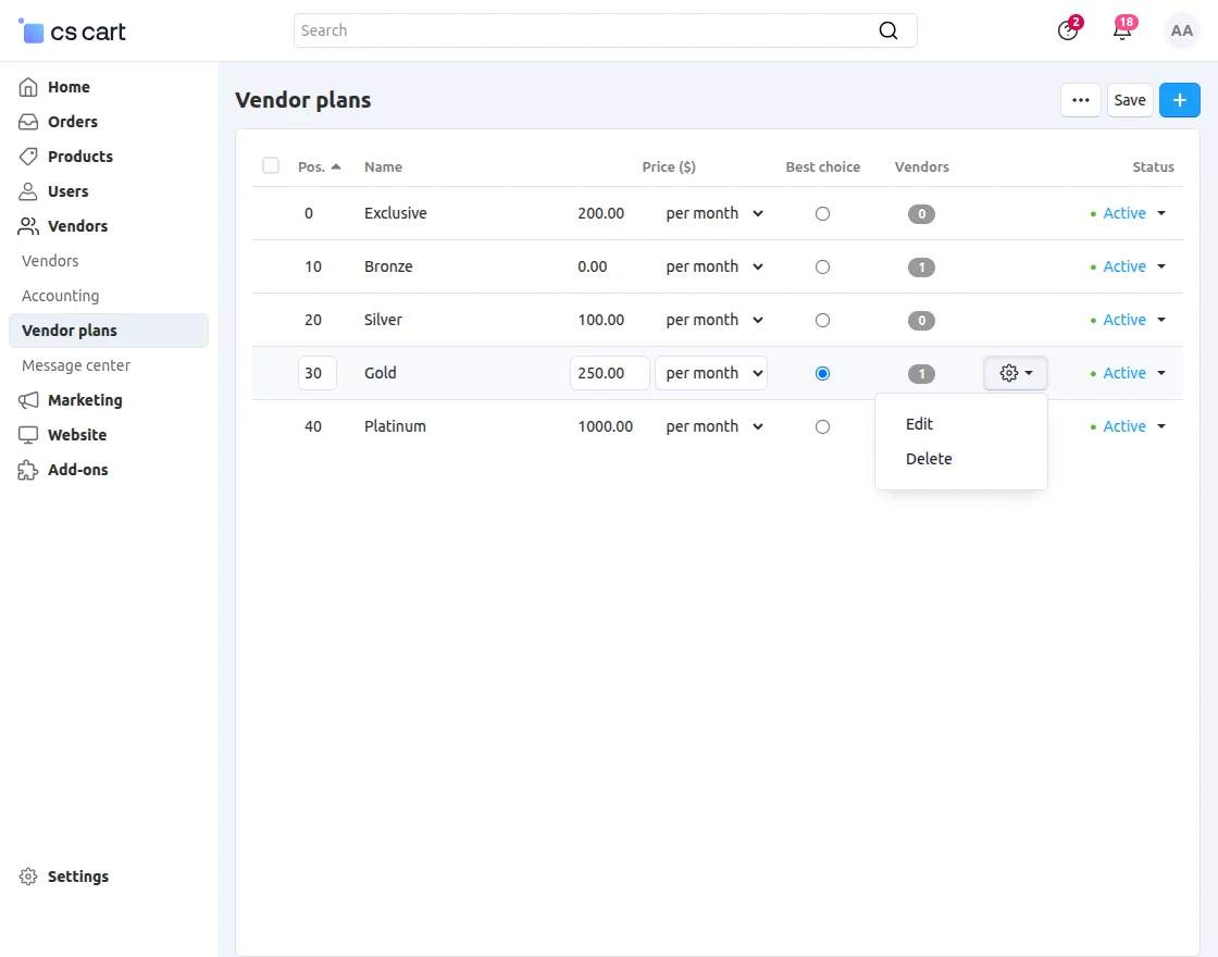  Cs-Cart vendors Plan