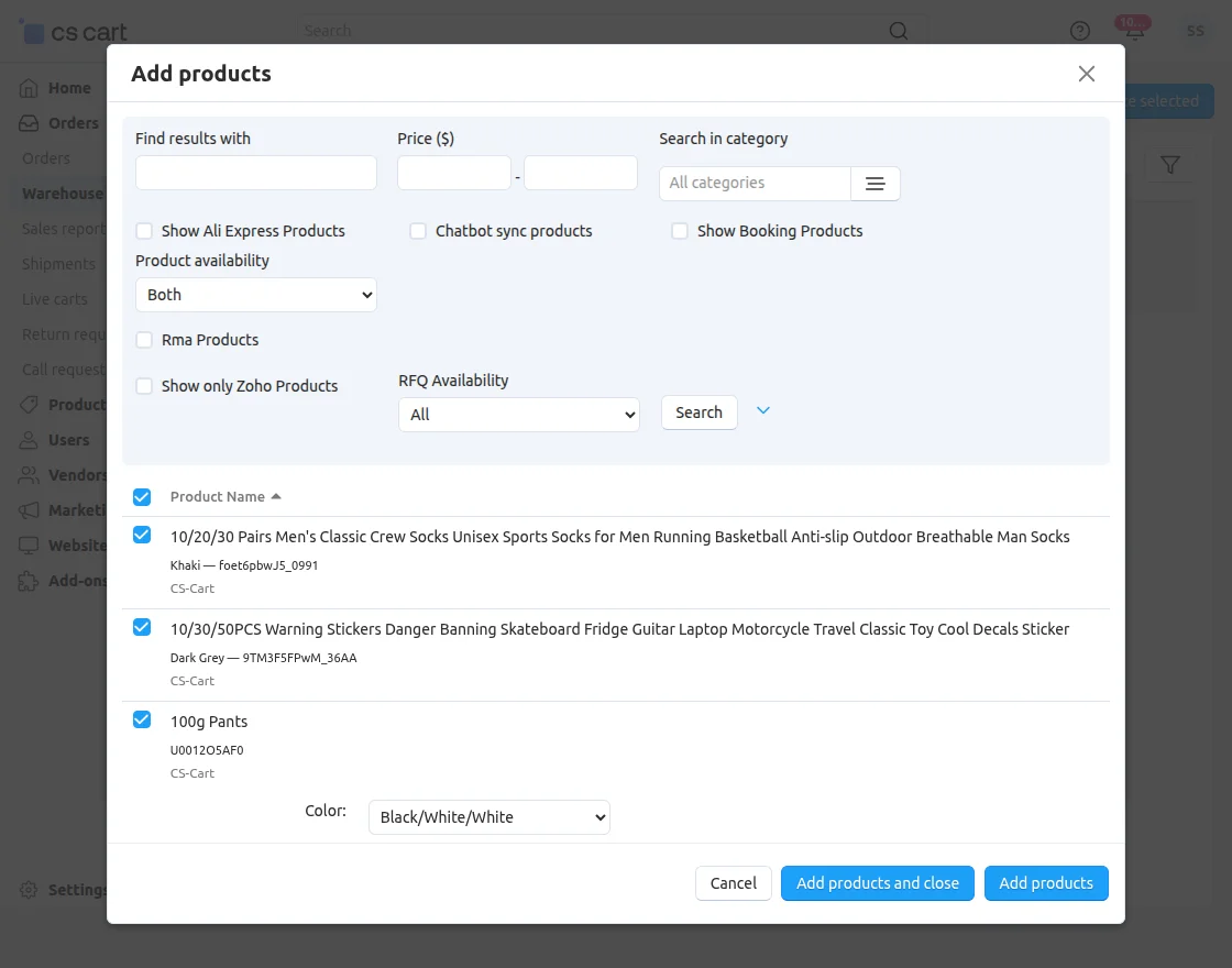 Add products in warehouse