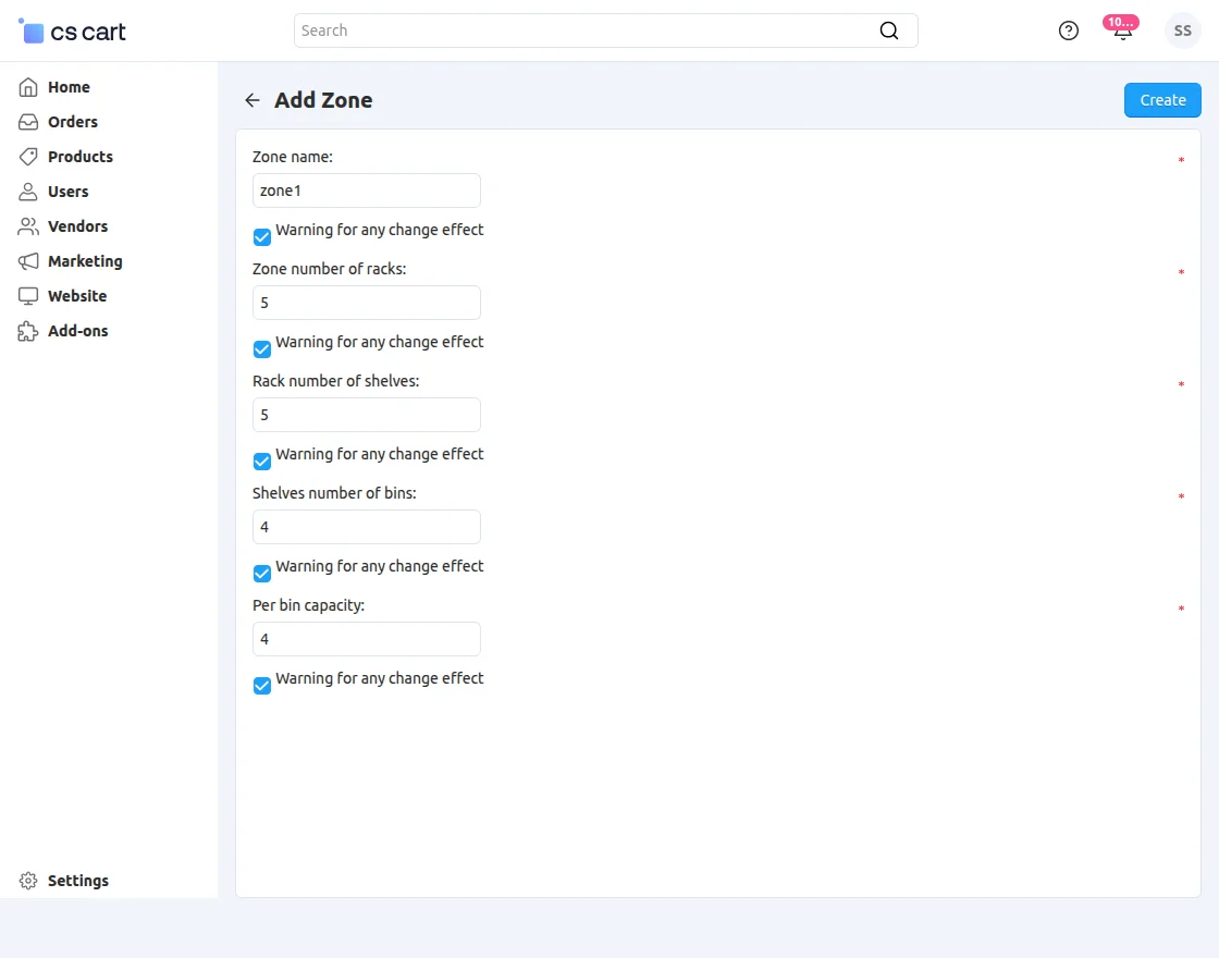 add  zones in warehouses