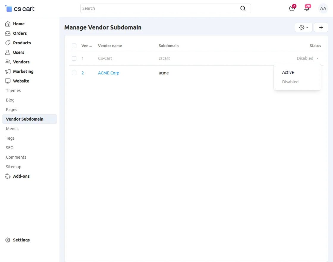 CS-Cart manage vendor subdomain