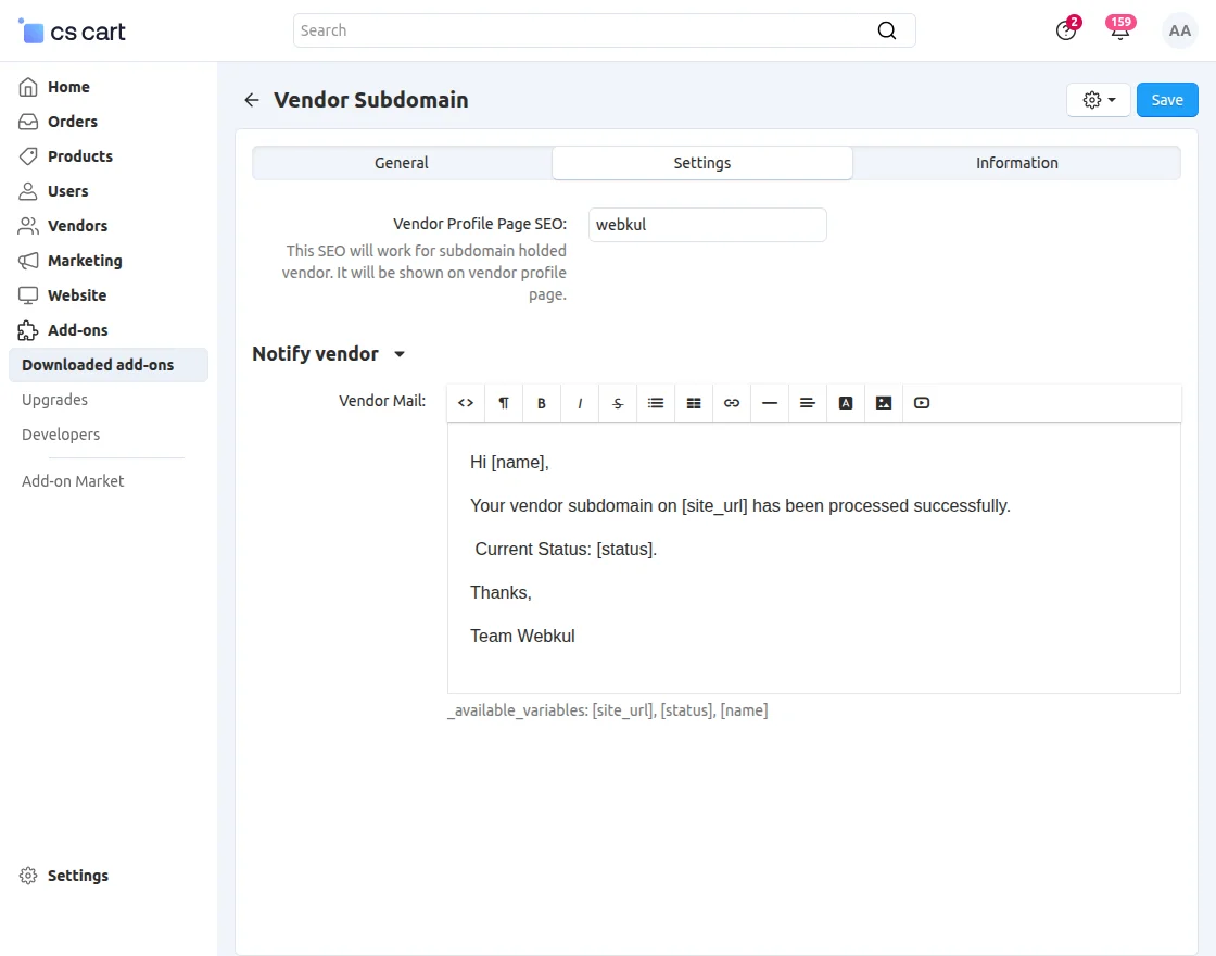 CS-Cart vendor subdomain addon configuration