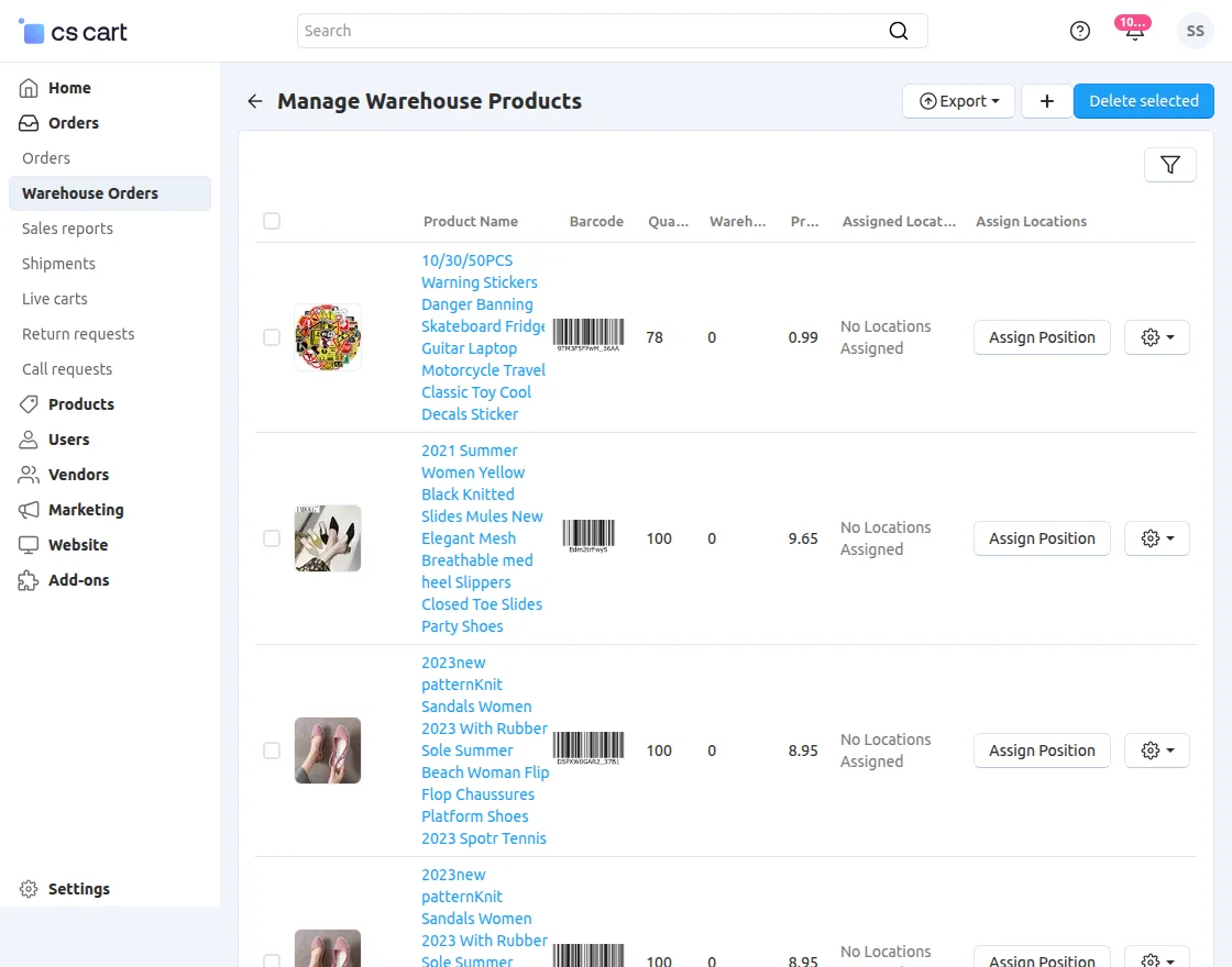 product page in warehouse