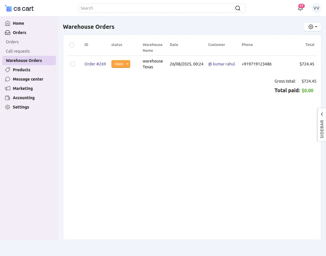 warehouse orders vendor end