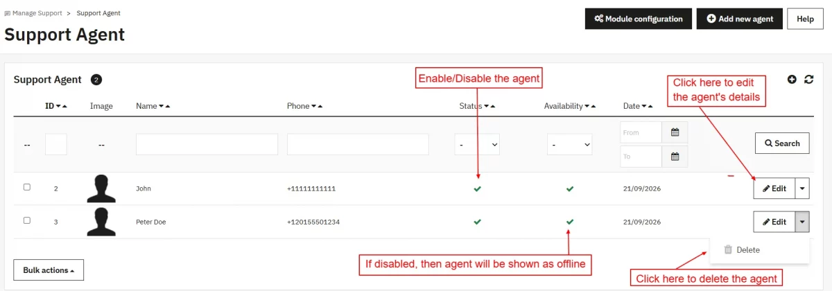 and delete the support agent.