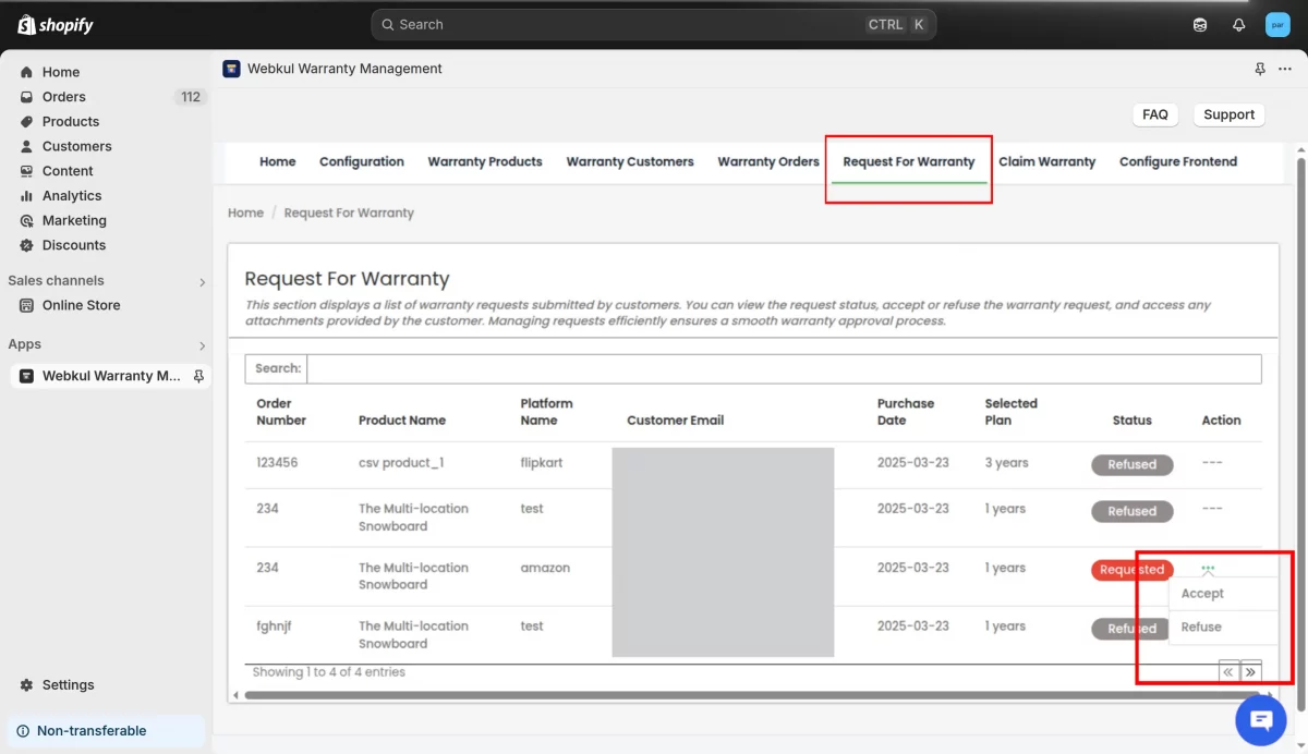 warranty - request accept and reject