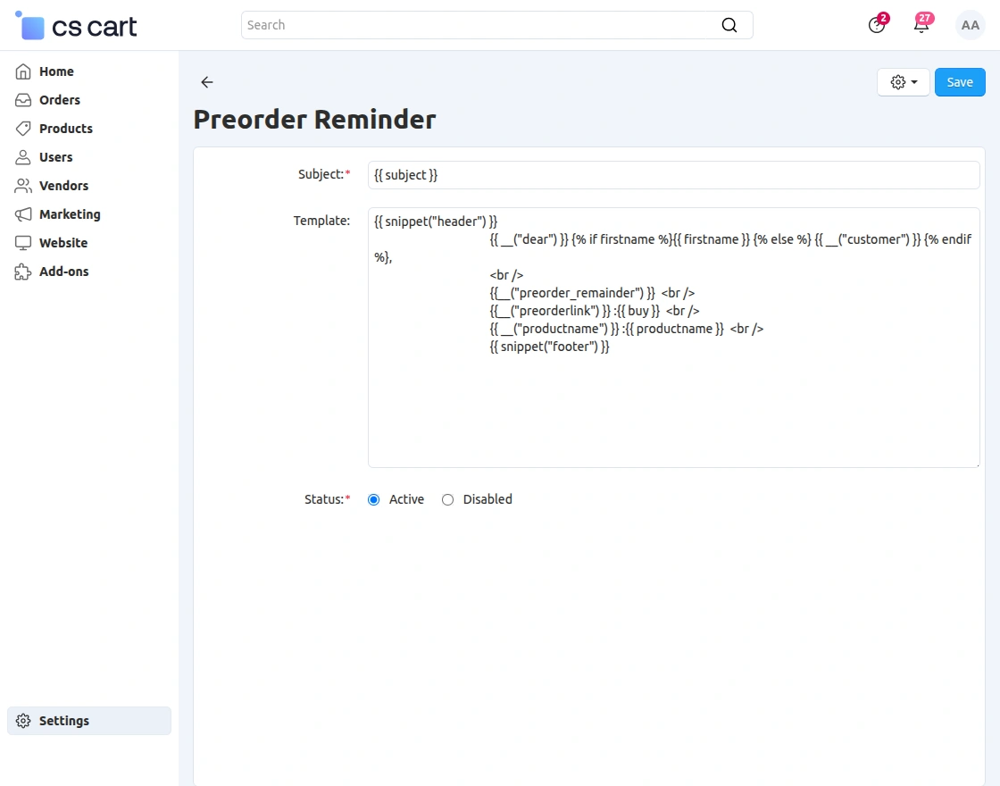 email template configuration