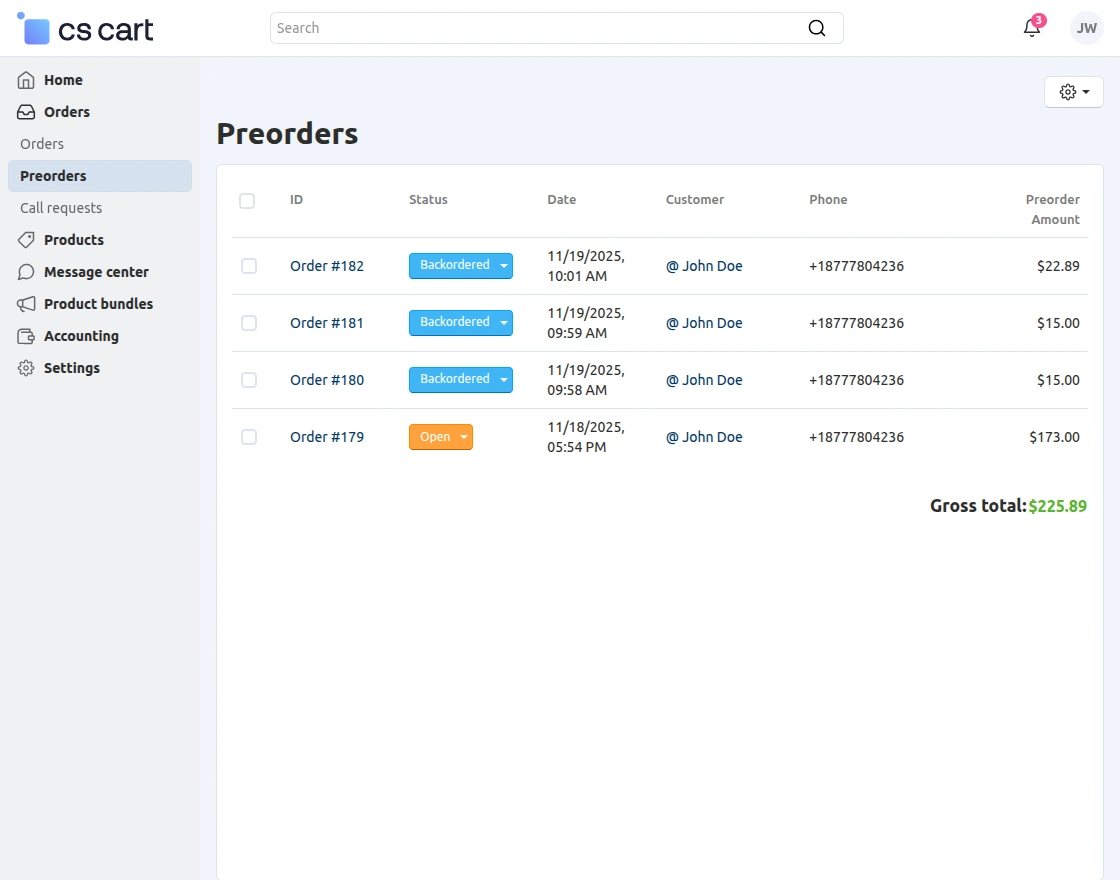 vendor preorder orders