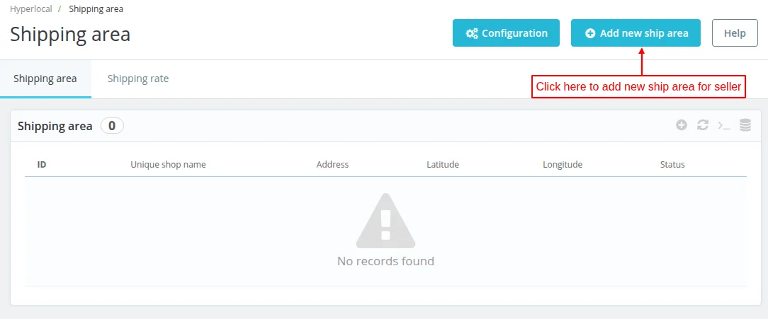 Click to add new ship area for seller