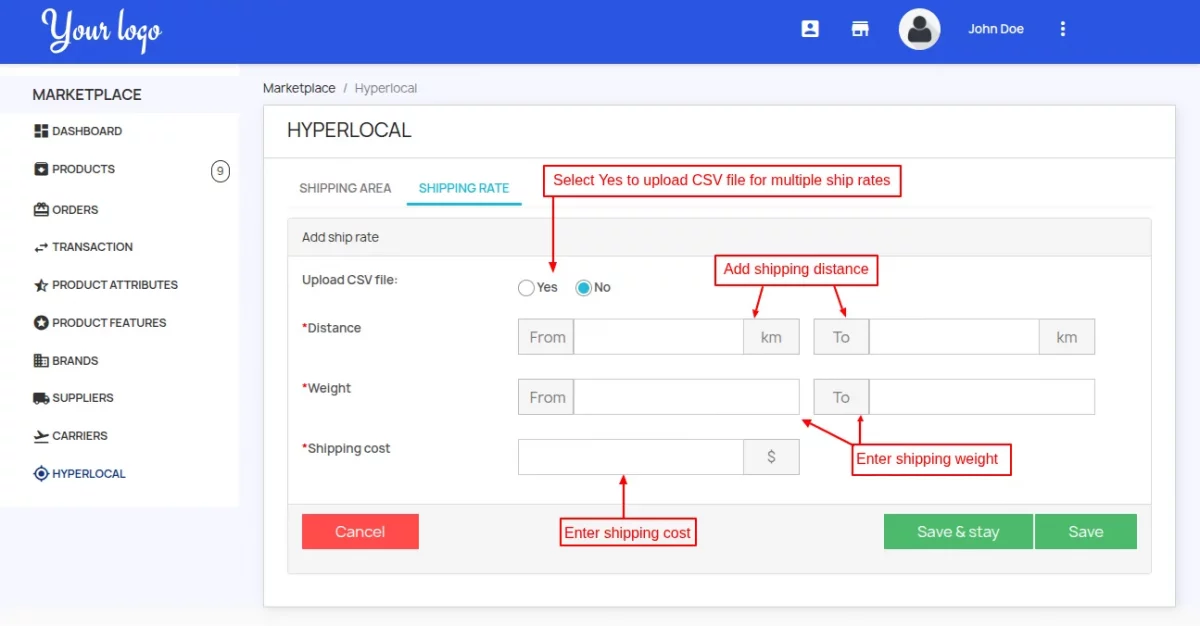 Seller adding Shipping Rates