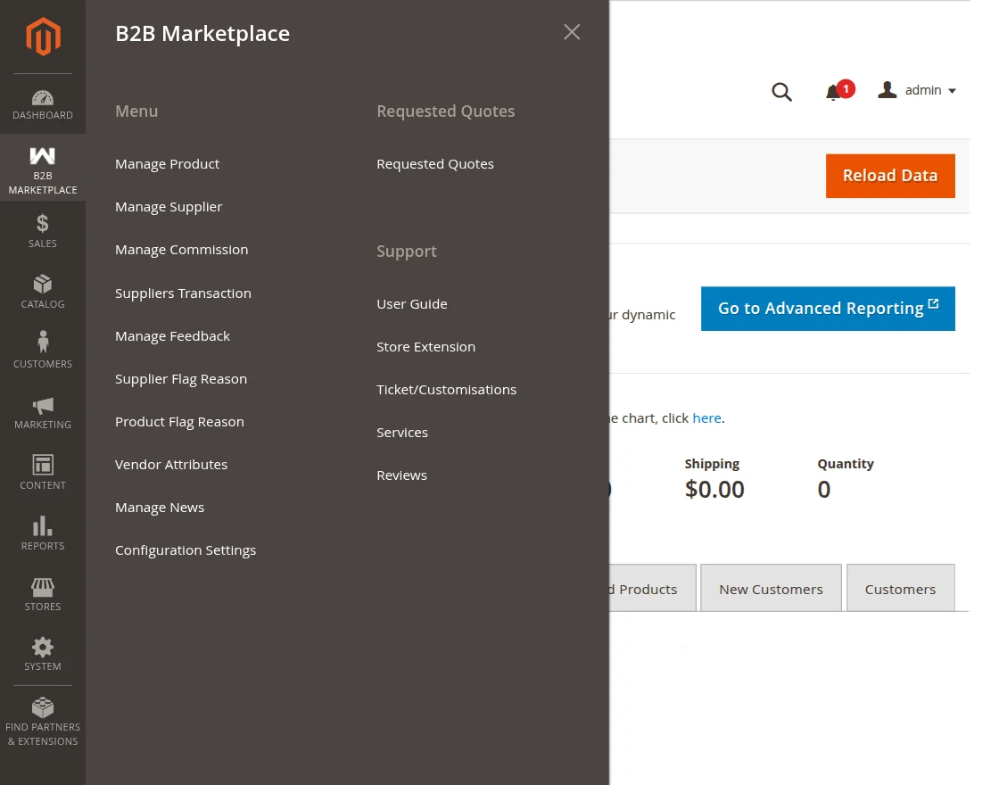 b2b markeptlace admin sidepanel