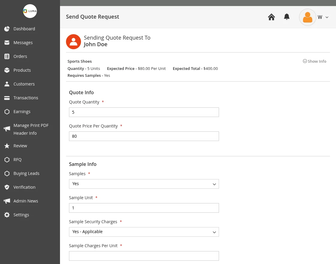 send quote request details