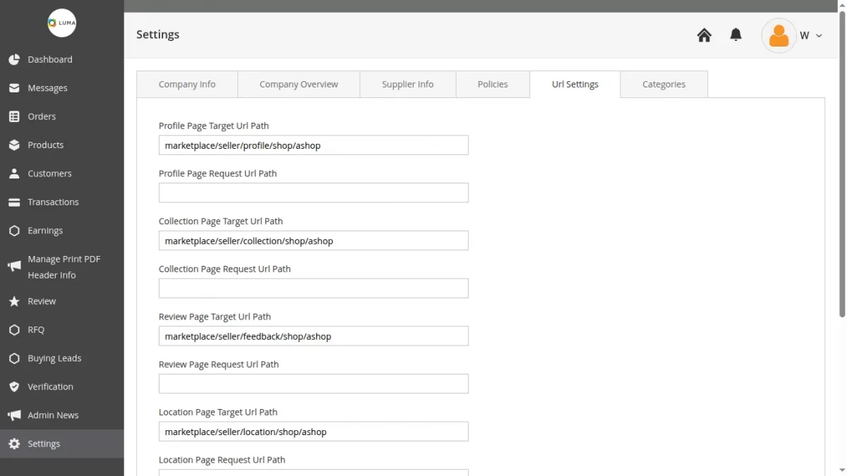 supplier url settings
