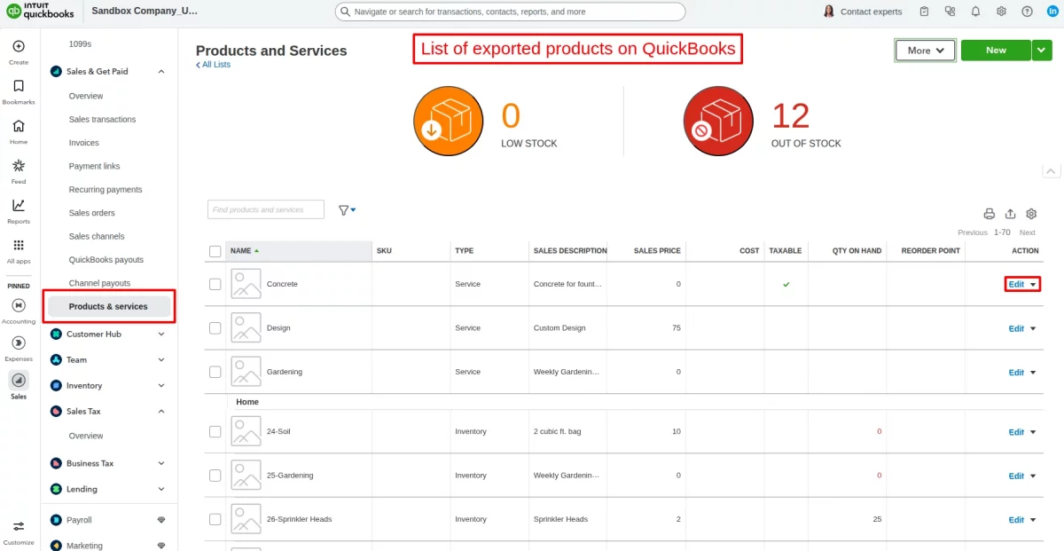 exported products on quickbooks