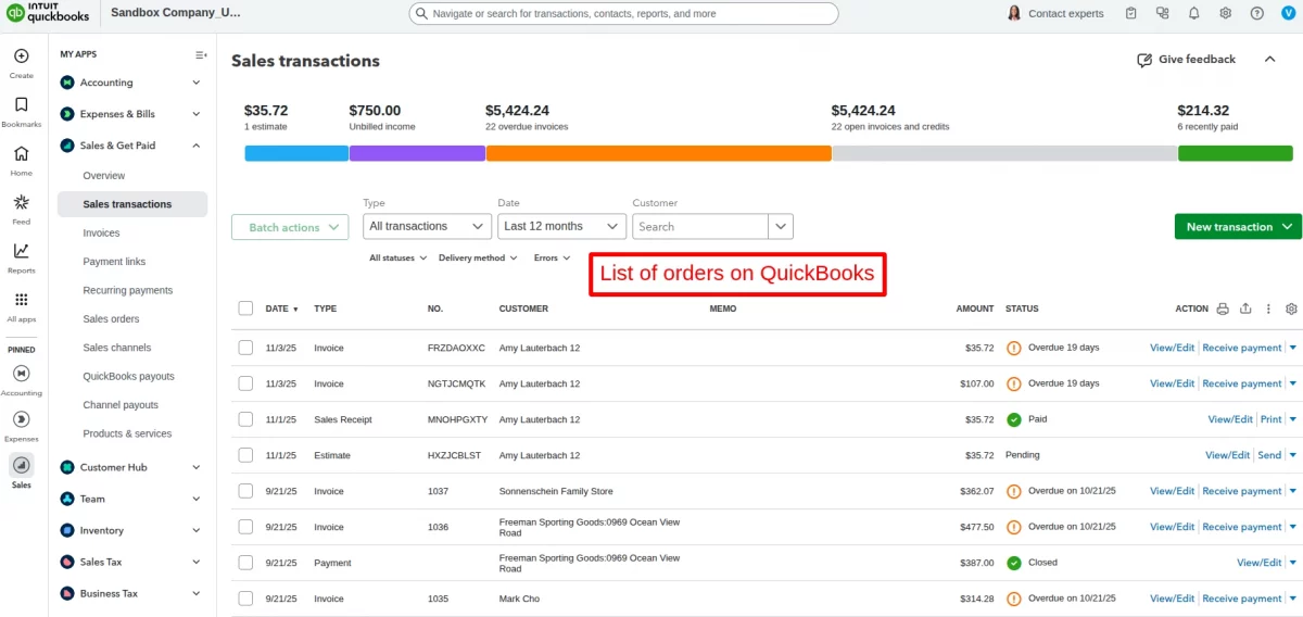 list of orders on quickbooks