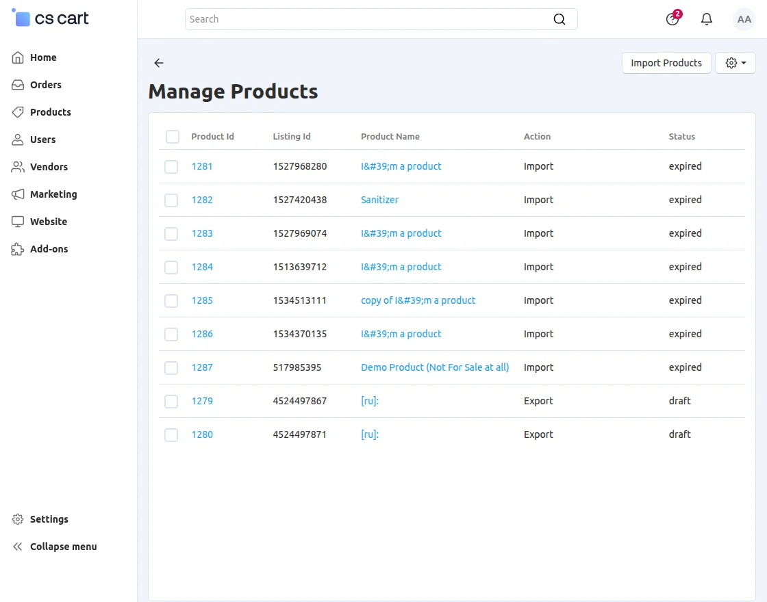 import product in cscart
