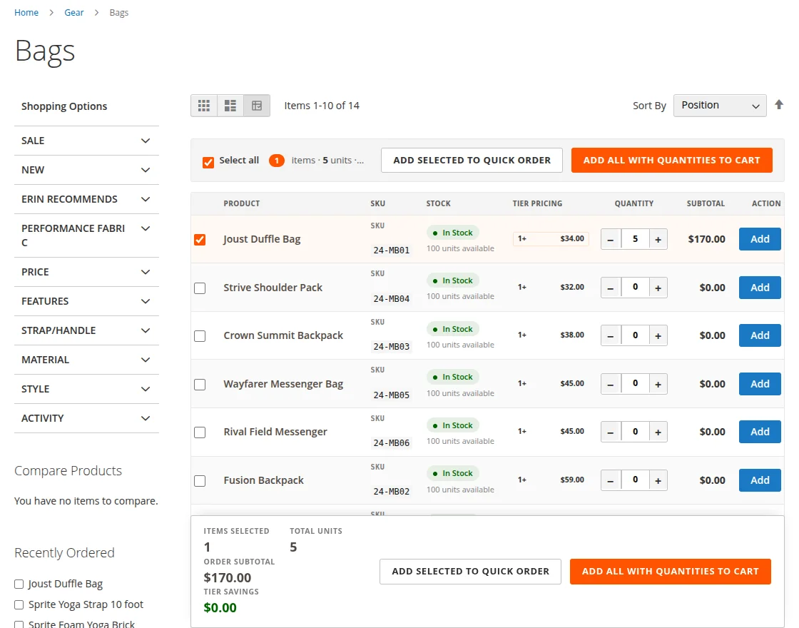 Quick Order view on Category Page