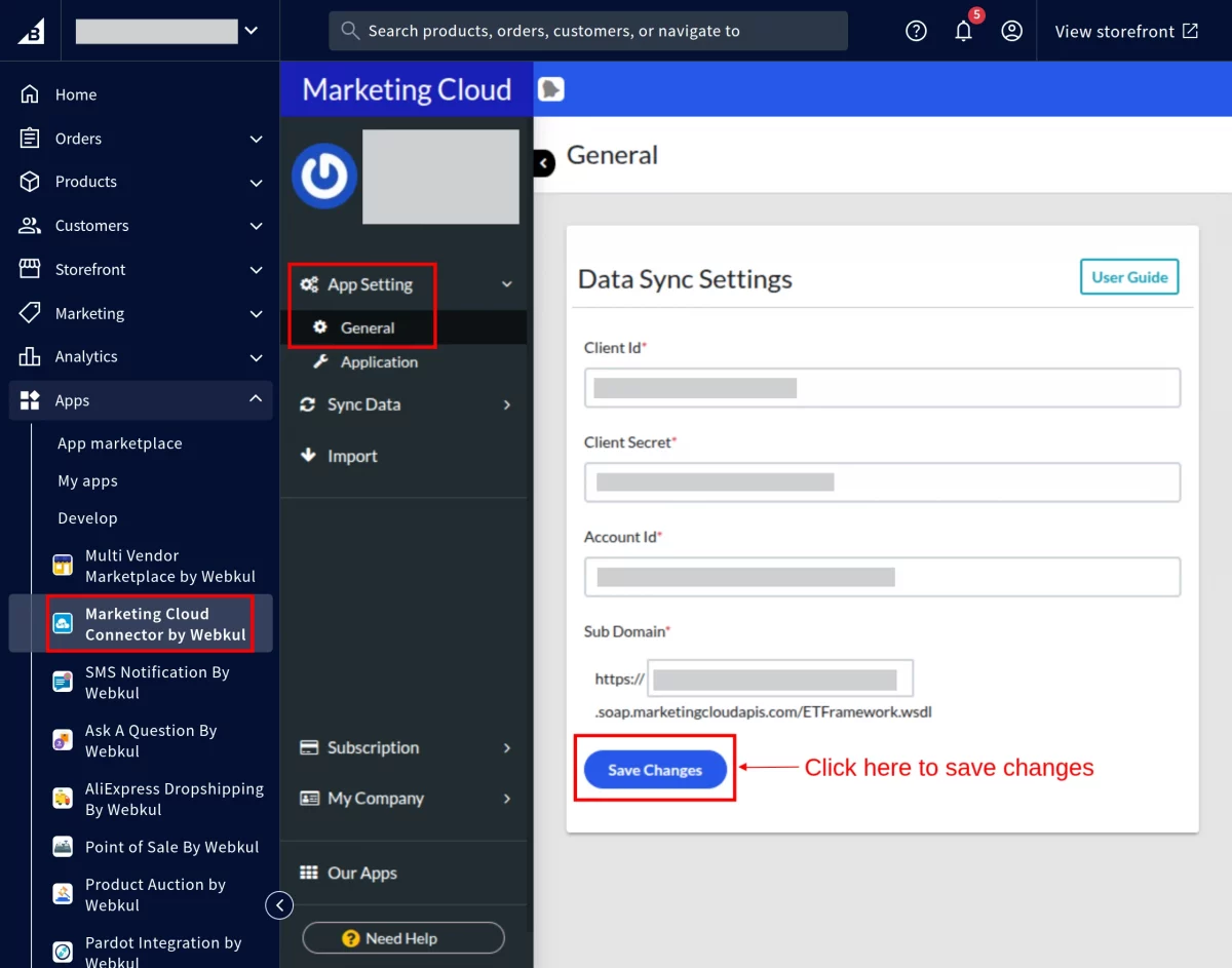 marketing cloud app settings
