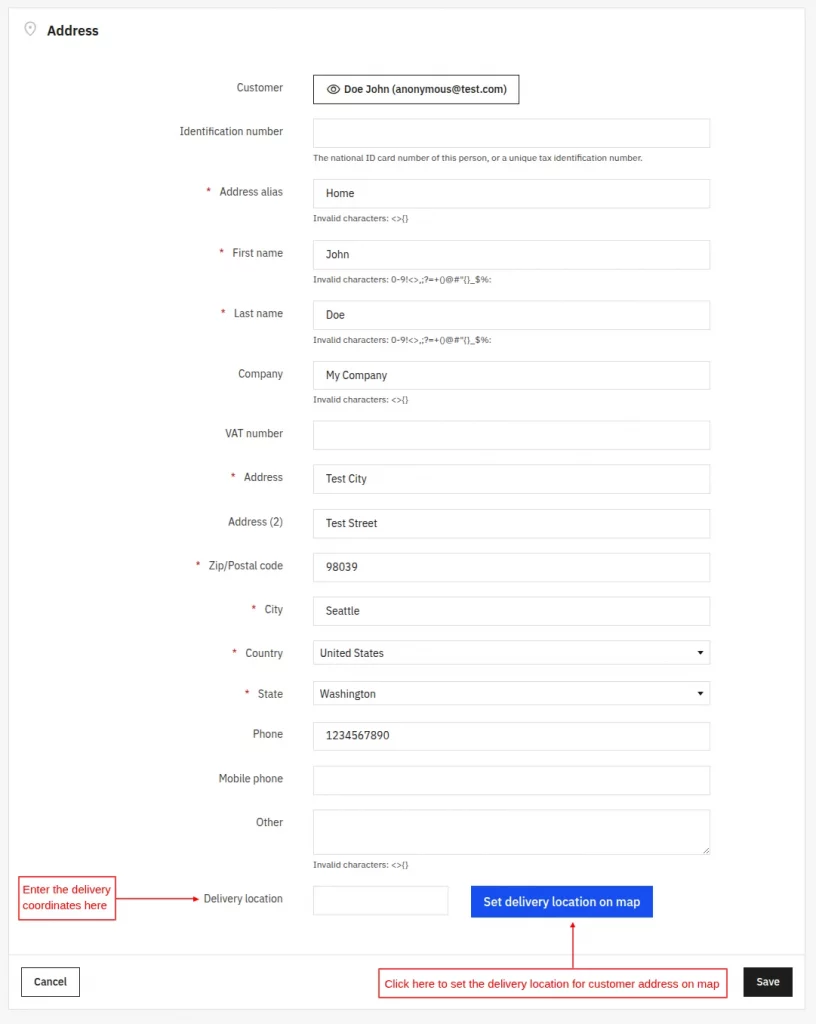 Add delivery coordinates in the Back Office