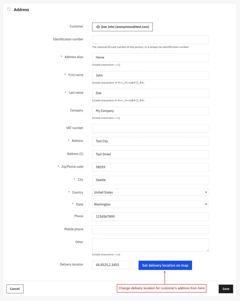 Change delivery location for customer address
