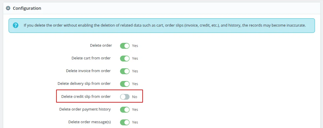 Credit slip delete option disabled from configuration