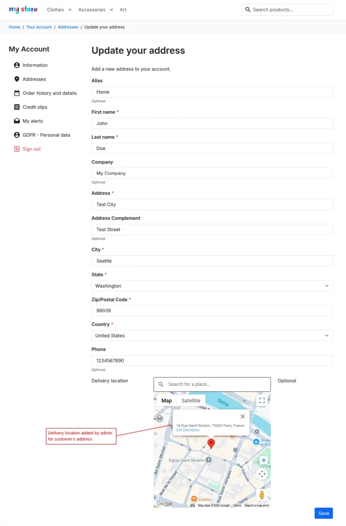 Delivery Location added by admin for customers address