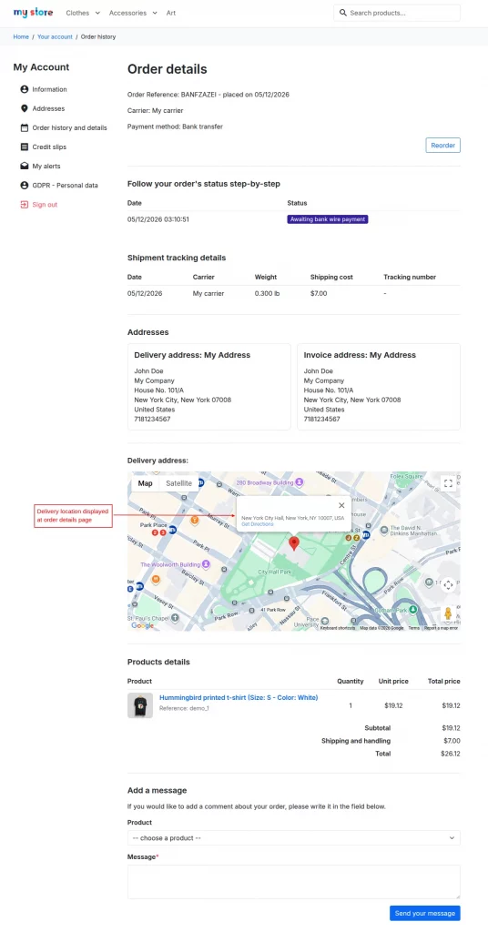 Delivery location at Order details page