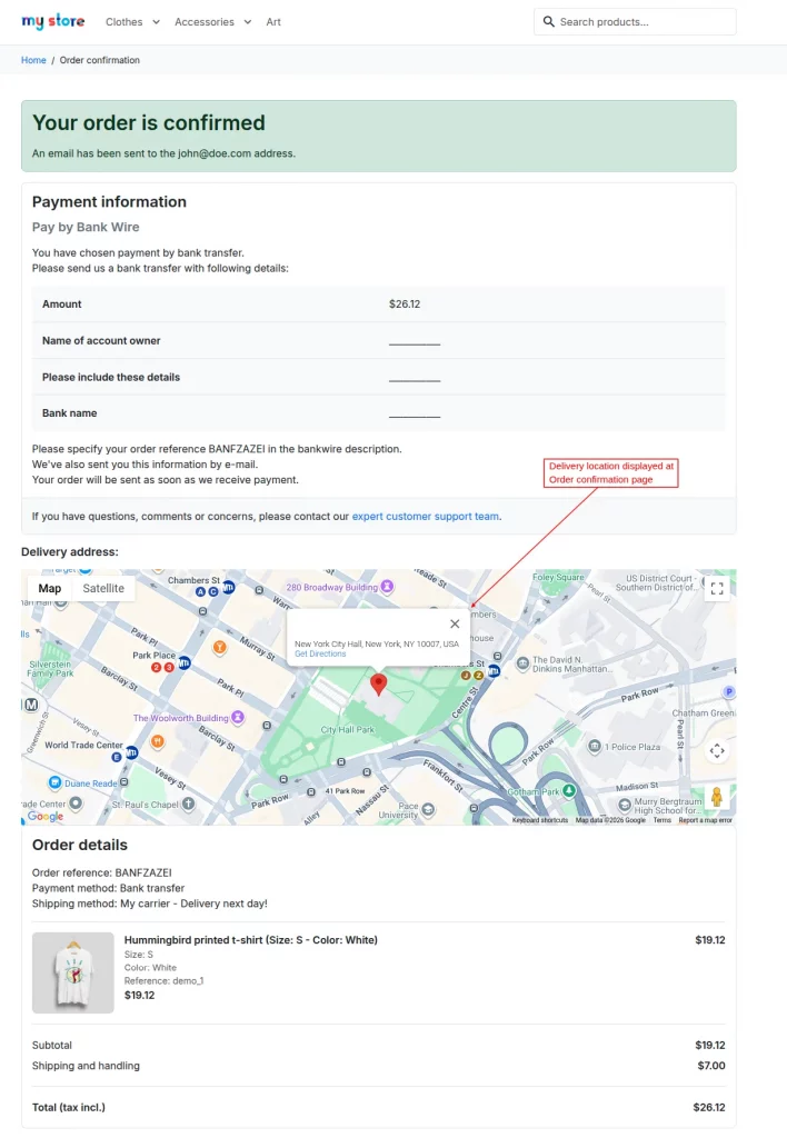 Location on Order confirmation page