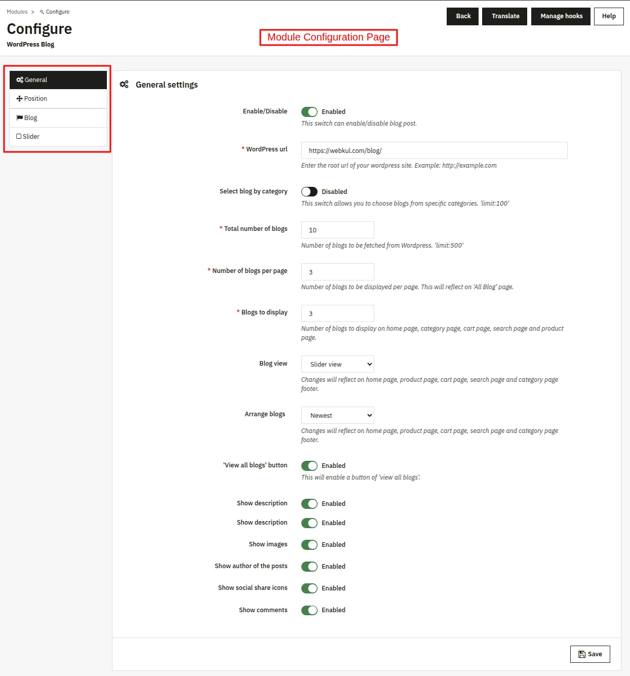 configuration page