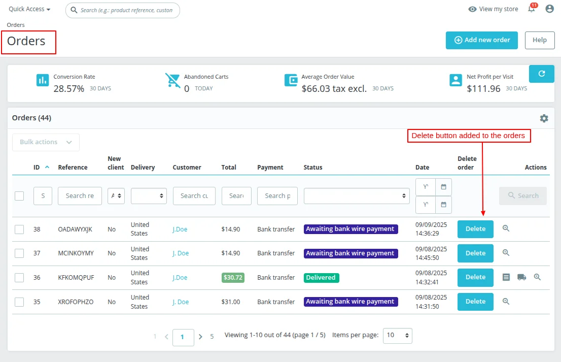Delete Option added for Orders