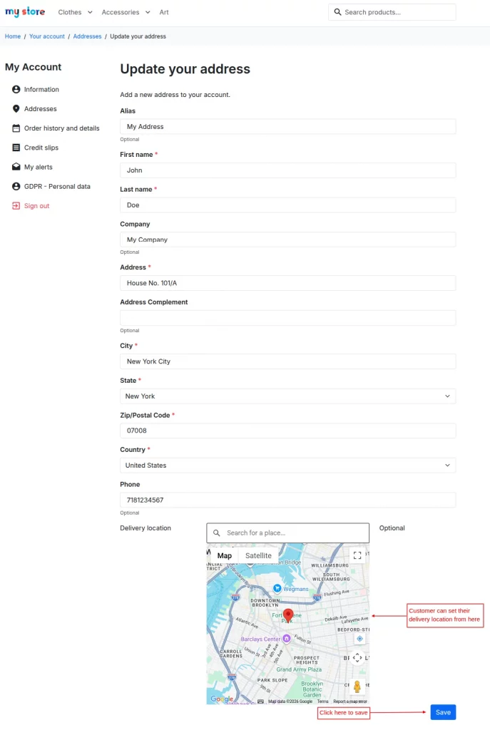 Save delivery location