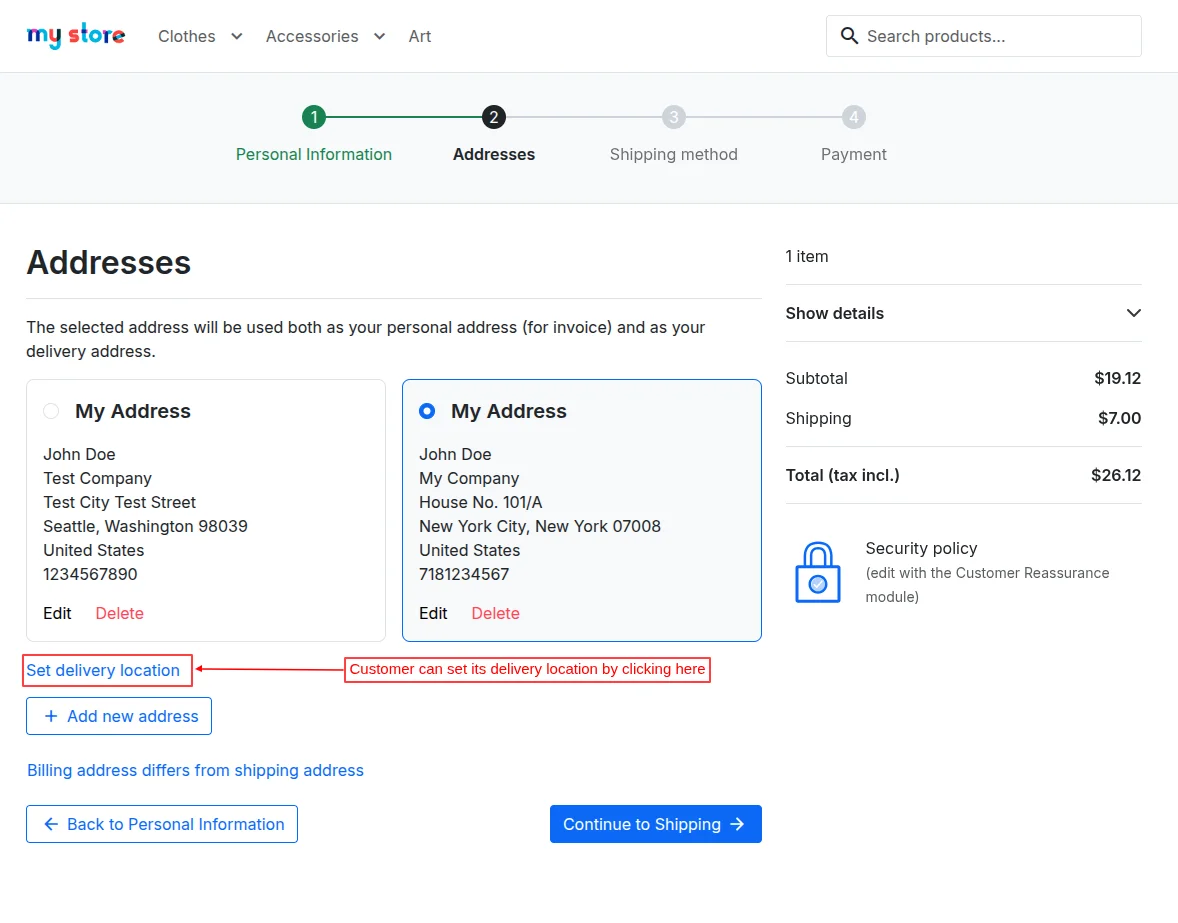 Set delivery location on checkout page