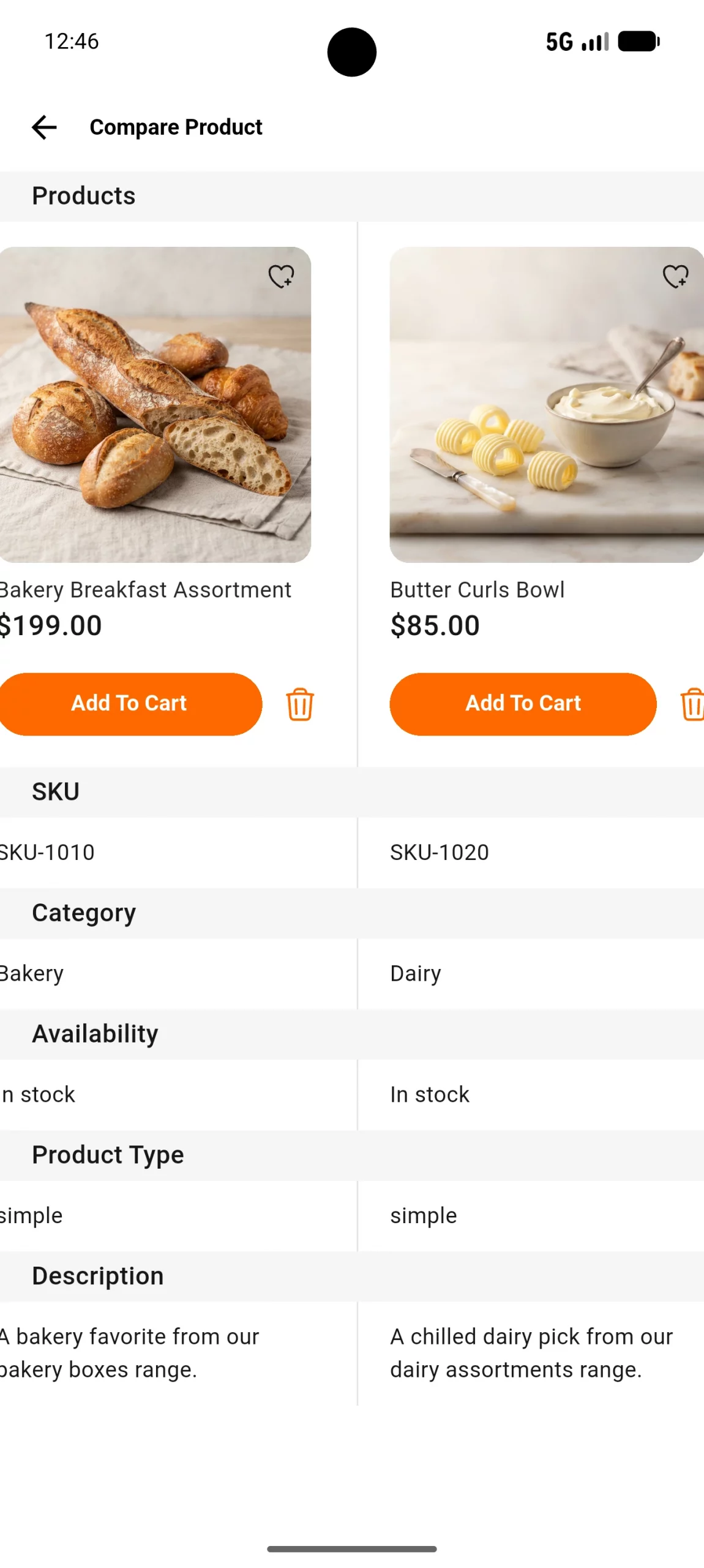 list of the compare-products Magento 2 Grocery Mobile App