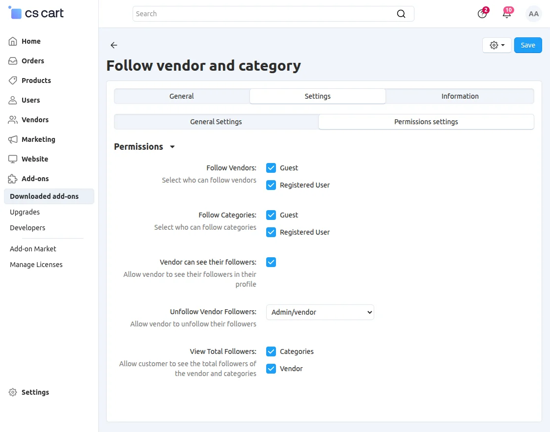 CS-Cart follow vendor and category permission settings