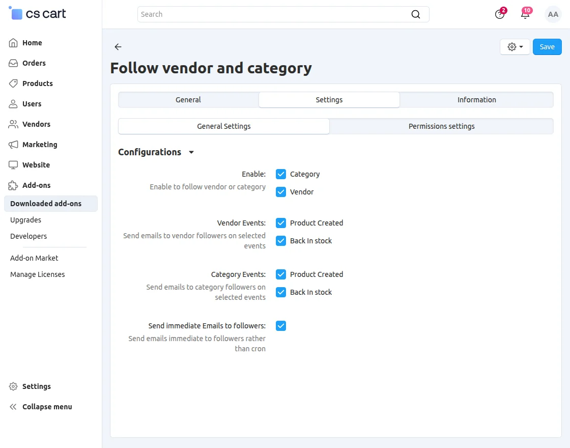 CS-Cart follow vendor and category addon configuration