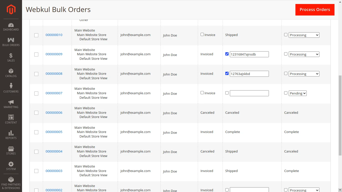 magento 2 bulk order processing add tracking info field